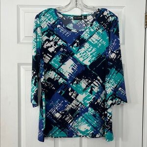 Nina Leonard Abstract Blue and Teal Blouse